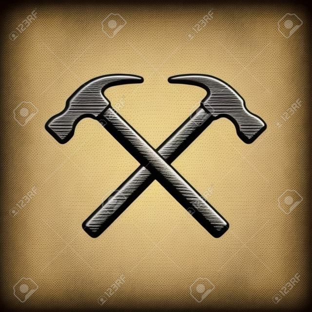 Vintage carpentry woodword mechanic hammer cross. Can be used like emblem, logo, badge, label. mark, poster or print. Monochrome Graphic Art. vector illustration.