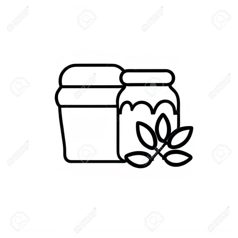 Yeast starter for wheat bread. Linear icon of sourdough in jar, loaf of bread, ear of grain. Black illustration of homemade natural bakery products. Contour isolated vector pictogram, white background