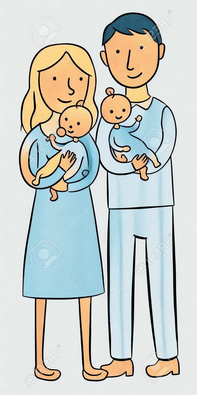 說明母親和父親抱著他們的雙胞胎寶寶