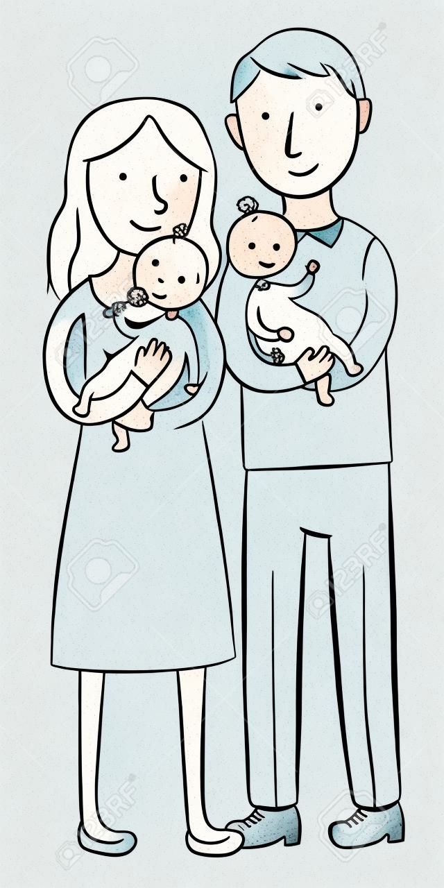 ilustración de la madre y el padre la celebración de sus bebés gemelos