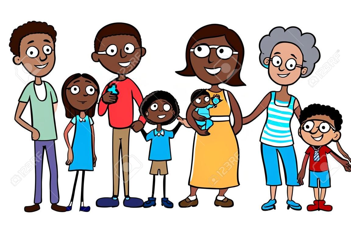 Cartoon ilustración vectorial de una familia étnica grande con los padres, hijos y abuelos