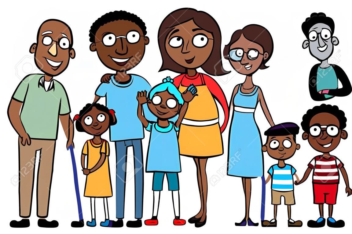 Cartoon vector illustration of a large ethnic family with parents, children and grandparents