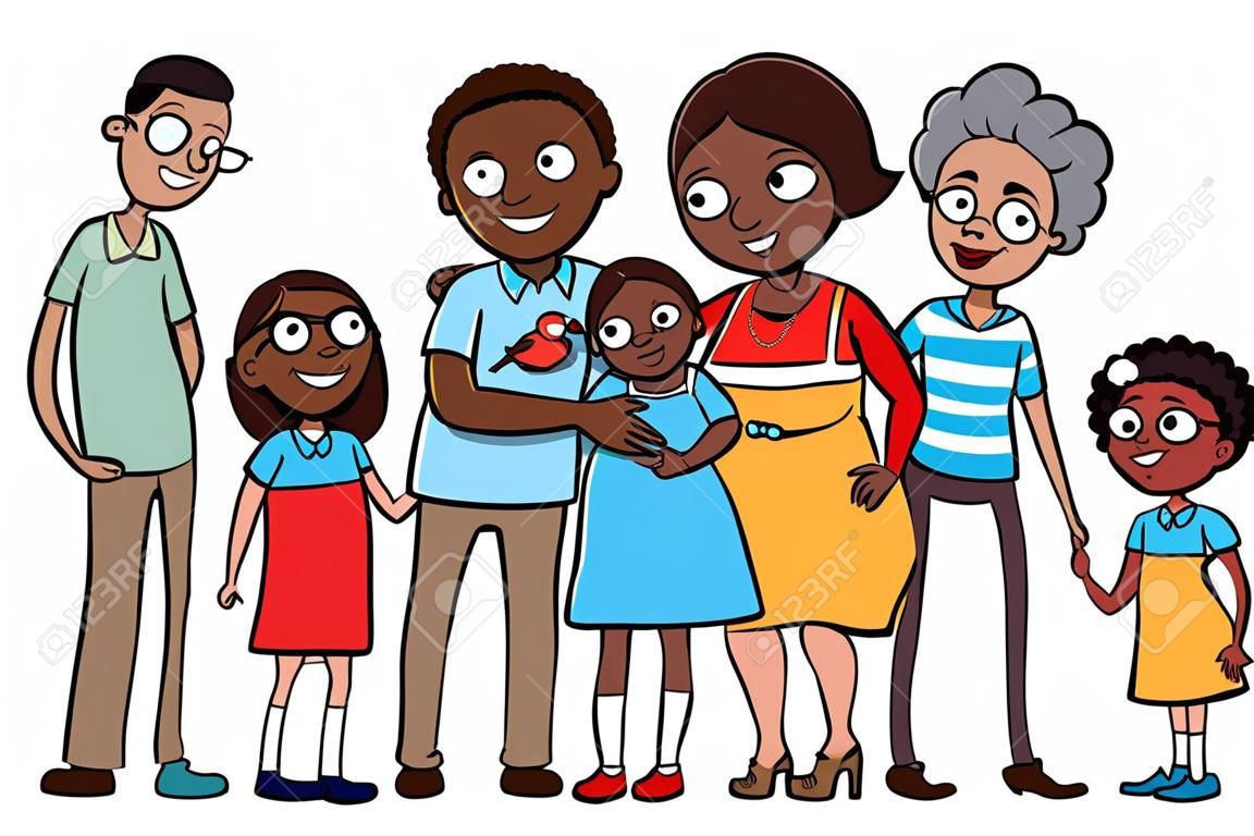 Cartoon illustrazione vettoriale di una grande famiglia etnica con i genitori, bambini e nonni