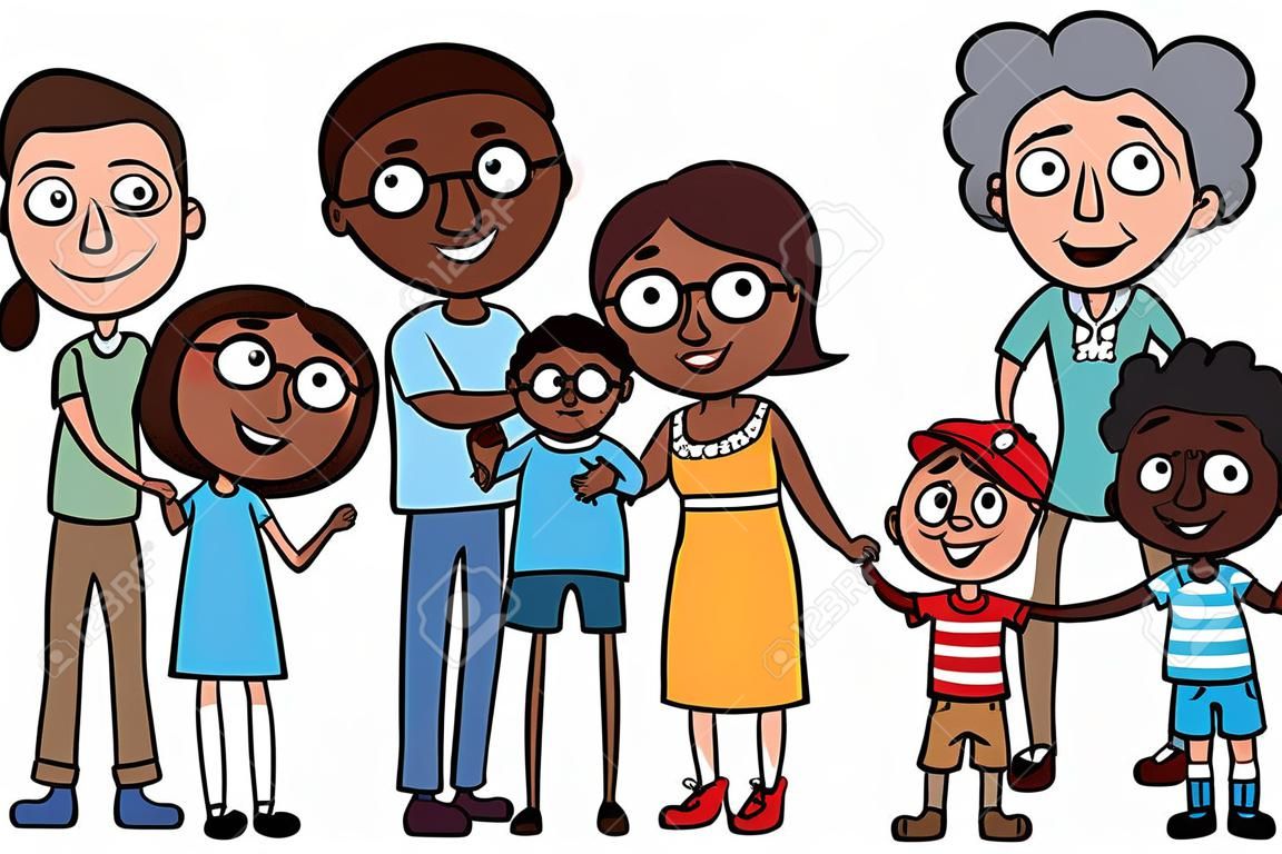 Cartoon ilustración vectorial de una familia étnica grande con los padres, hijos y abuelos