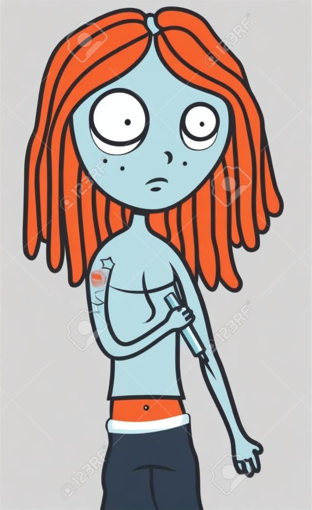 Cartoon ilustración vectorial de una chica adicta a las drogas adicto a la heroína inyectar una jeringa