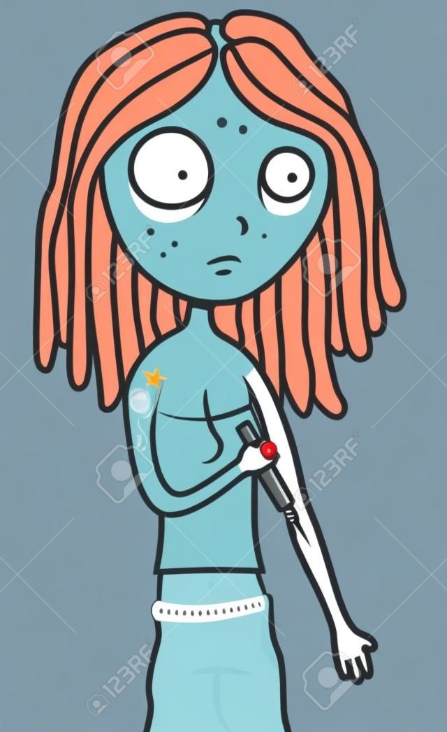 Cartoon ilustración vectorial de una chica adicta a las drogas adicto a la heroína inyectar una jeringa
