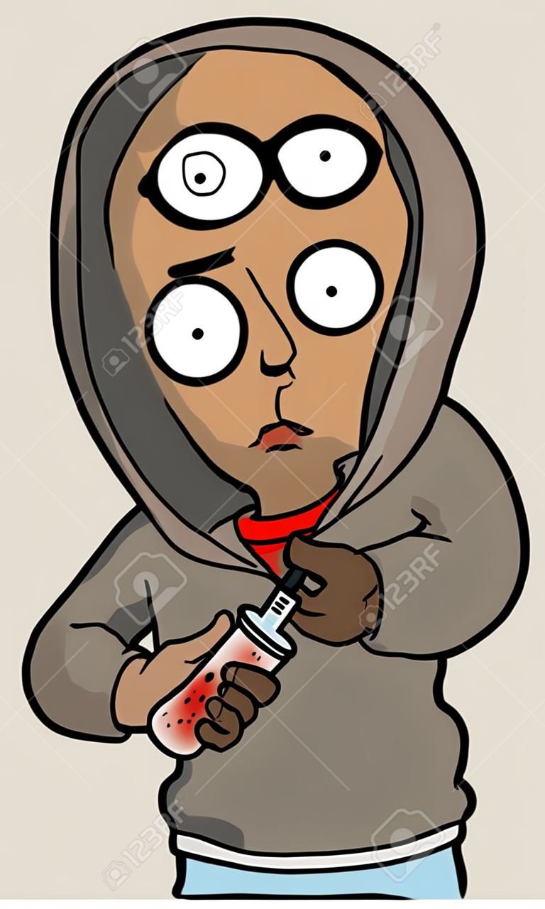 吸毒的人沉迷於海洛因注射針筒的卡通矢量插圖