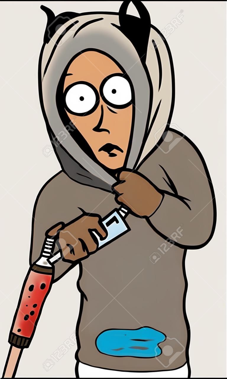 Cartoon vector illustration of a drug addict man addicted to heroin injecting a syringe
