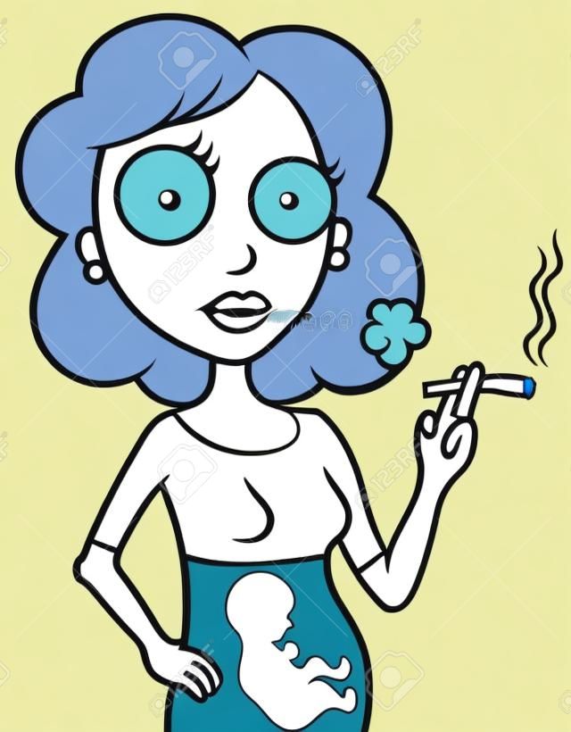 年輕孕婦吸煙香煙卡通矢量插畫