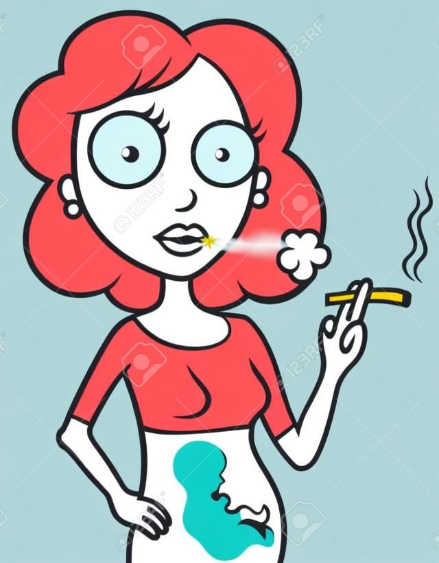 Cartoon vektoros illusztráció a fiatal terhes nő cigarettát