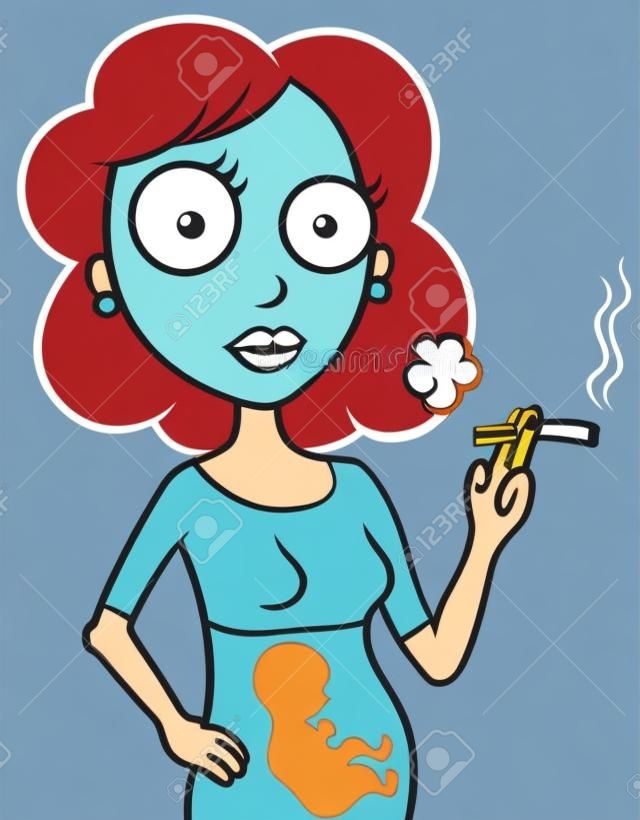 Cartoon vektoros illusztráció a fiatal terhes nő cigarettát
