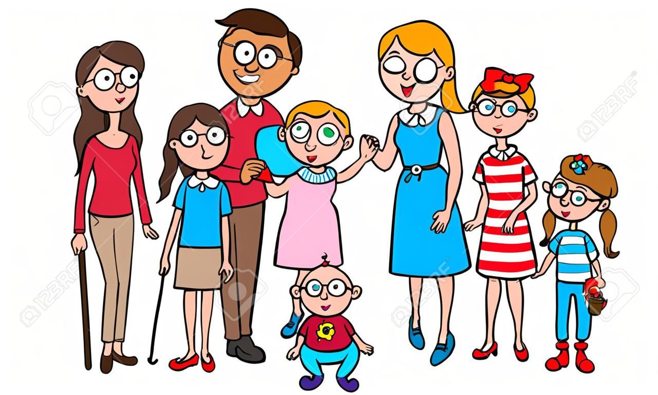 Cartoon vector illustration of a large family