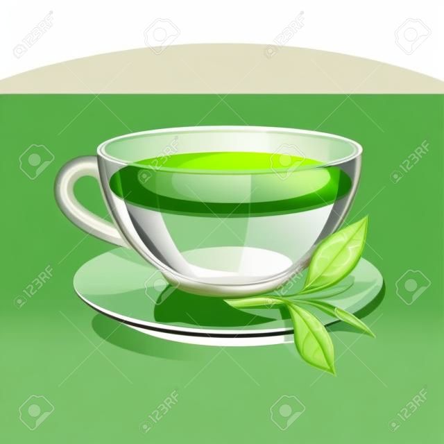 Taza de cristal con té verde sobre fondo blanco. Transparente taza de té verde y una ramita de té verde. bebida de la salud del té verde en una taza de cristal. el icono aislado de té verde. Ilustración del vector.
