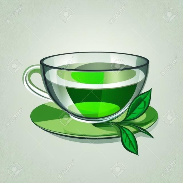 Taza de cristal con té verde sobre fondo blanco. Transparente taza de té verde y una ramita de té verde. bebida de la salud del té verde en una taza de cristal. el icono aislado de té verde. Ilustración del vector.