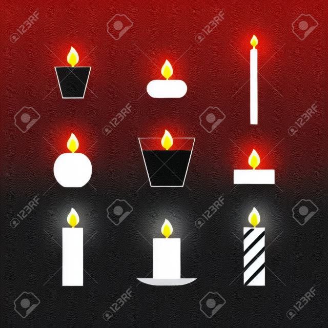 Plates Icônes bougies de Noël isolé sur fond blanc. Icônes bougies fixées. 9 bougies différentes dans le style plat. Bougies collection. Silhouettes de bougies isolé sur fond blanc