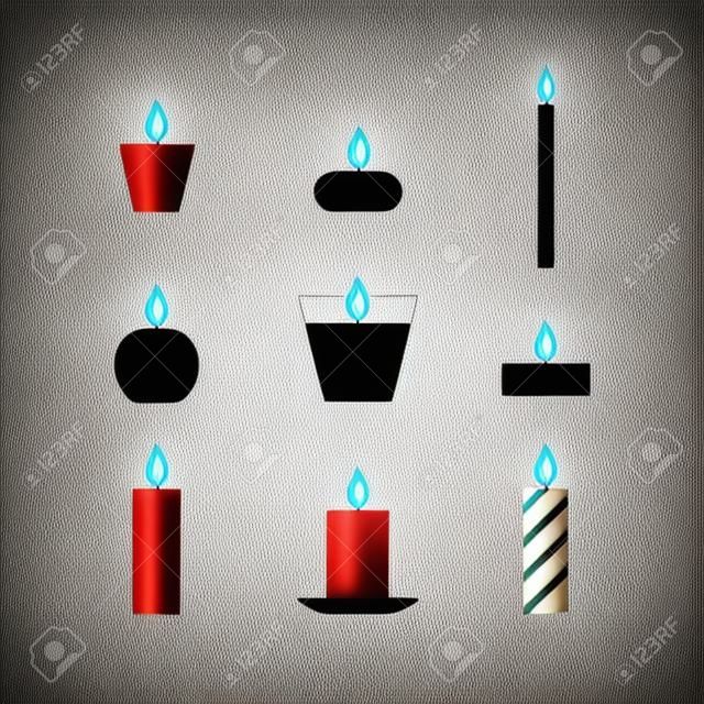 Flat icons Christmas candles isolated on white background. Icons candles set. 9 different candles in flat style. Candles collection. Silhouettes of candles isolated on white background