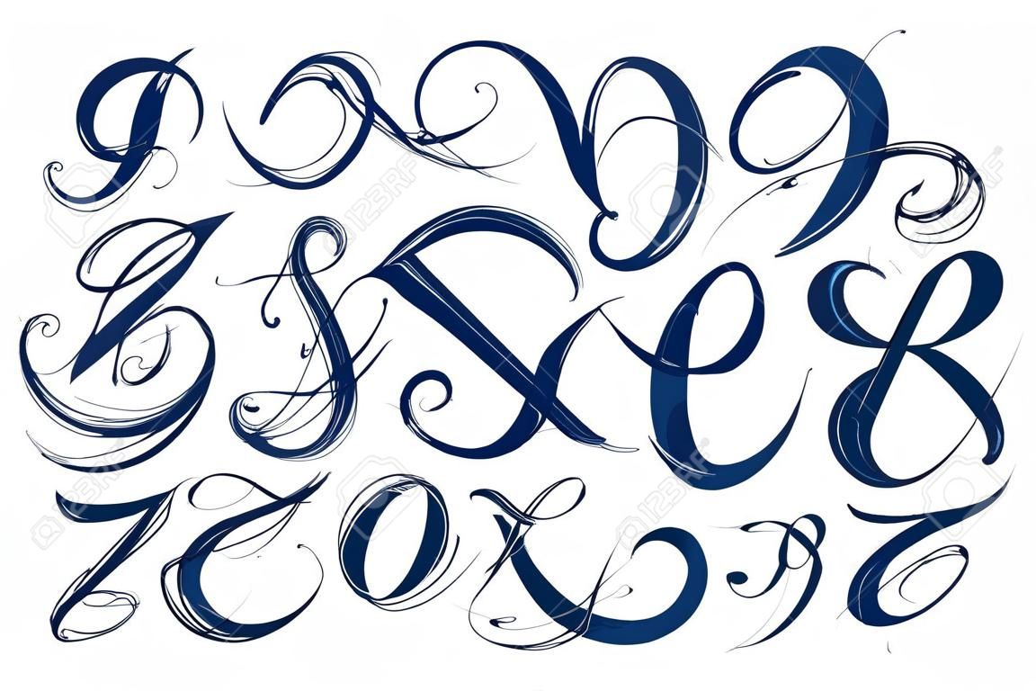 Handgeschreven letters lettertype met kalligrafische schetsen als verslaving op aparte laag