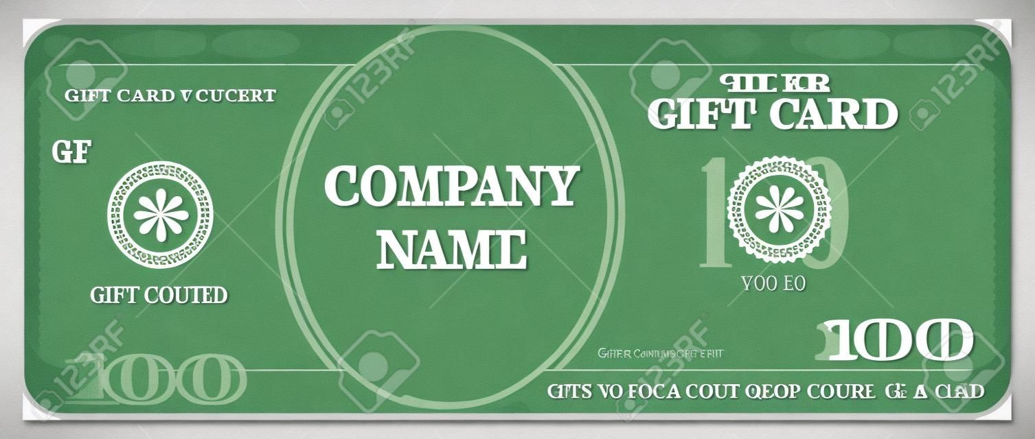 Gift card design template with hundred dollars value. Good for coupon, vouchers, discount cards