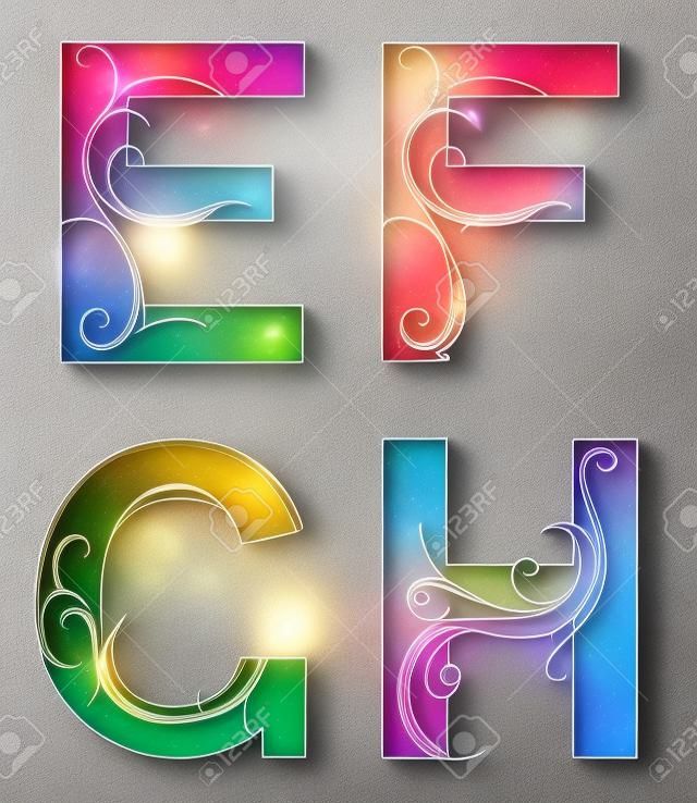 Decorative alphabet set. Font type E, F, G and H letters