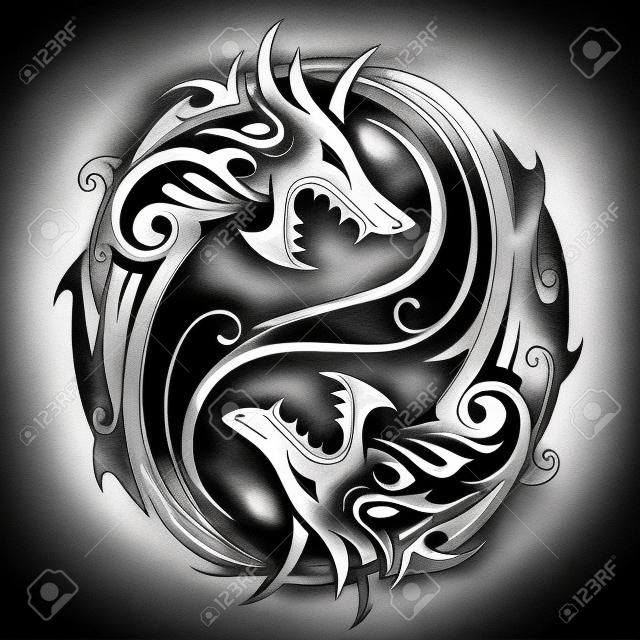Yin Yang tetoválás szimbólum alakú két harci sárkányok