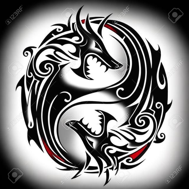Símbolo de tatuagem de Yin Yang em forma de dois dragões de combate