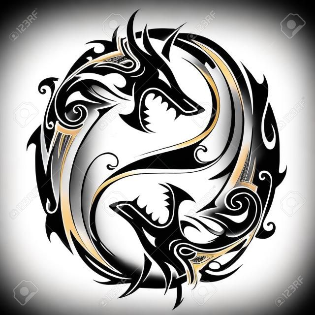 Símbolo de tatuagem de Yin Yang em forma de dois dragões de combate