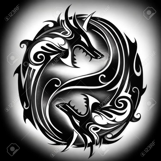 Yin Yang symbole tatouage en forme comme deux dragons de combat