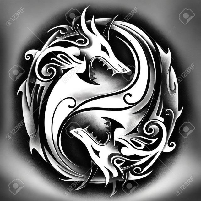 Yin Yang tattoo symbol shaped as two fighting dragons