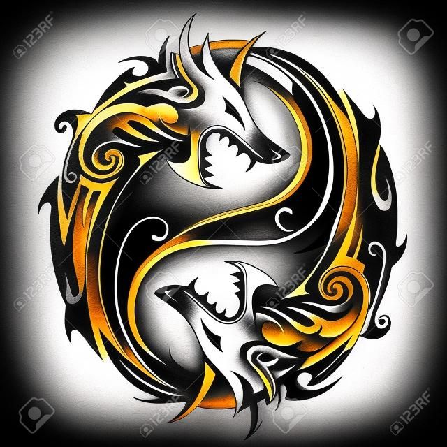 Yin Yang tattoo symbol shaped as two fighting dragons