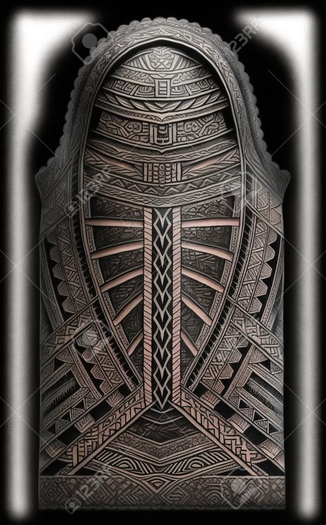 Tatuaje de estilo polinesio. Adorno de manga completa con elementos maoríes y samoanos.