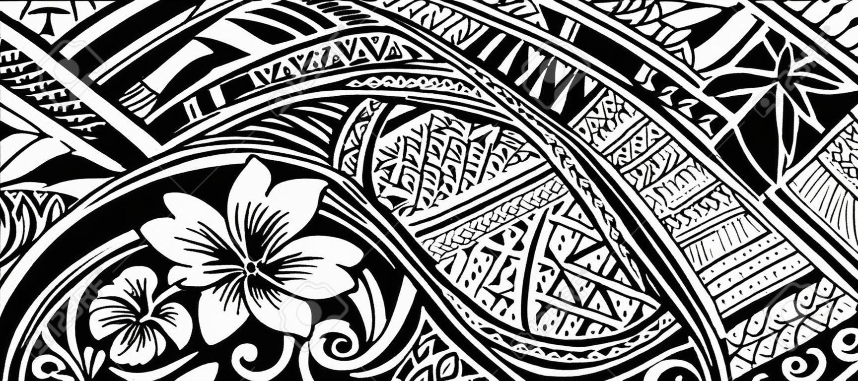 Design di stampa etnica per tessuto con ornamenti in stile polinesiano