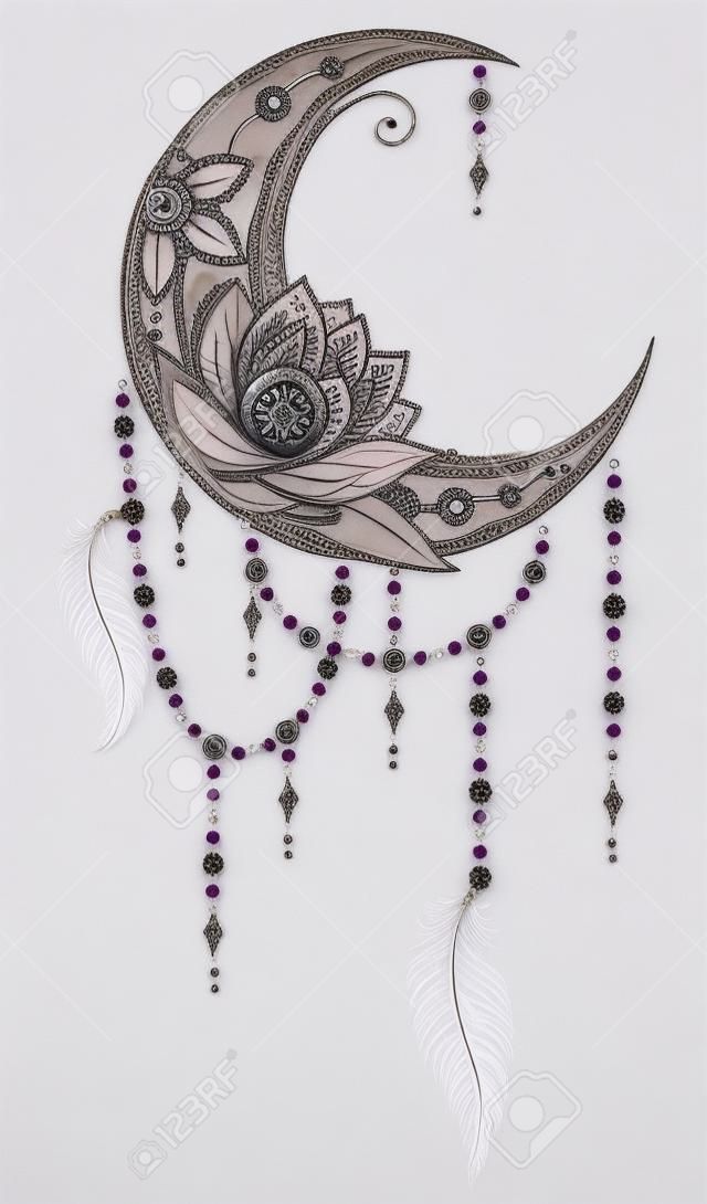 Elegante tatuaje de estilo boho con luna creciente, cuentas y plumas.