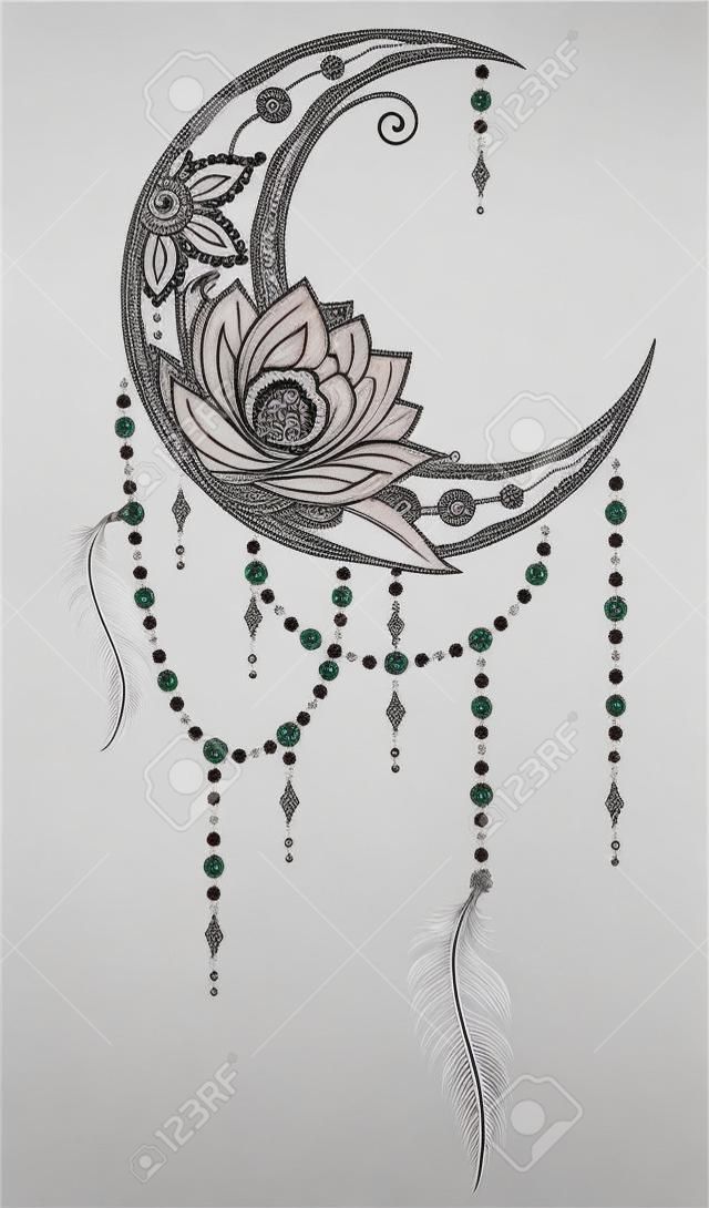 Elegant boho style tattoo with crescent moon, beads and feathers