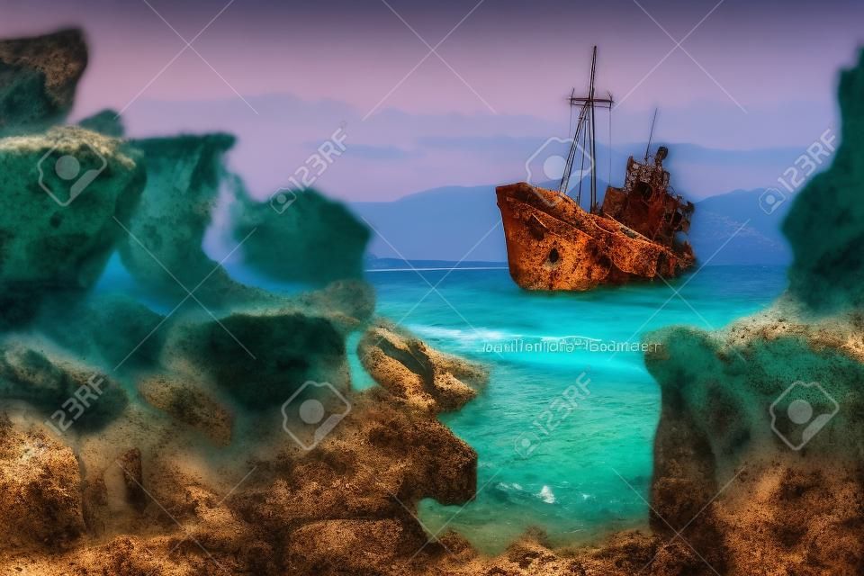Costa griega con el famoso naufragio oxidado Dimitrios en la playa de Glyfada cerca de Gytheio, Gythio Laconia Peloponeso Grecia.