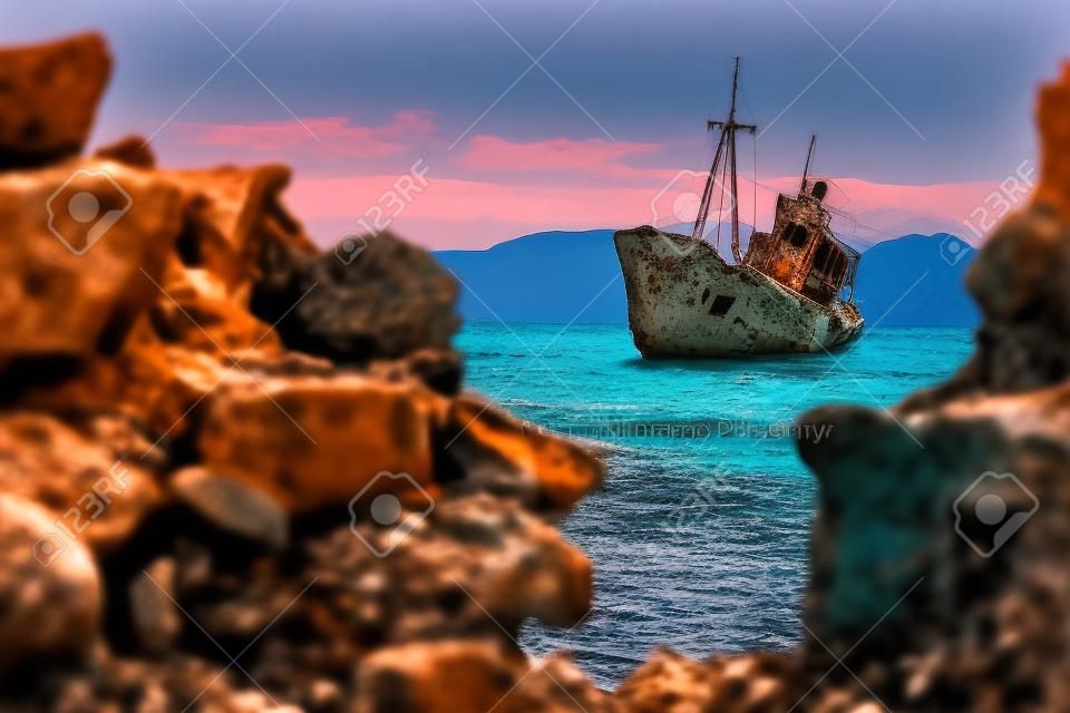 Greek coastline with the famous rusty shipwreck Dimitrios in Glyfada beach near Gytheio, Gythio Laconia Peloponnese Greece.