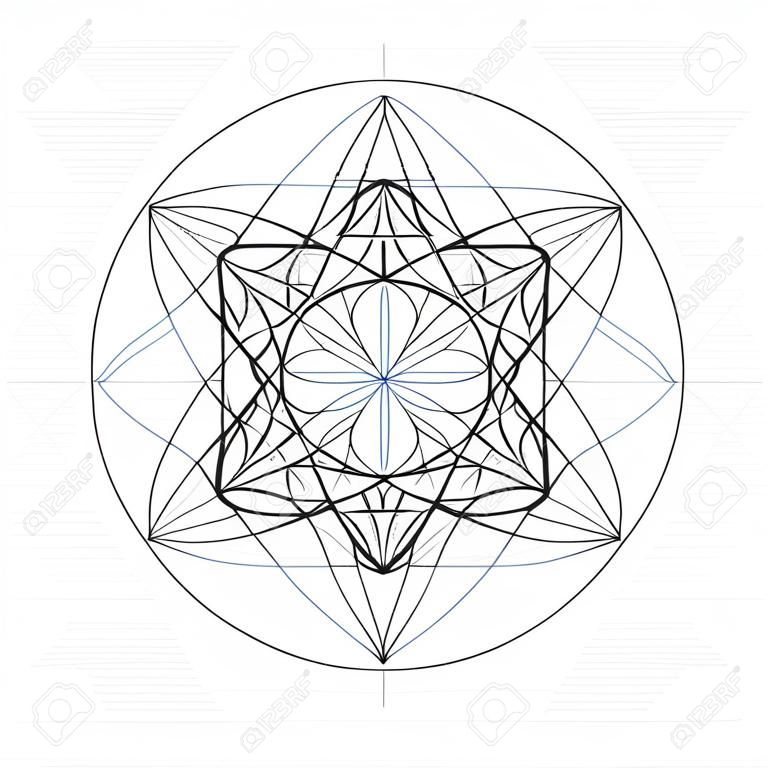 vector metatron dark contour monochrome sacred geometry decoration seed of life circle isolated white background