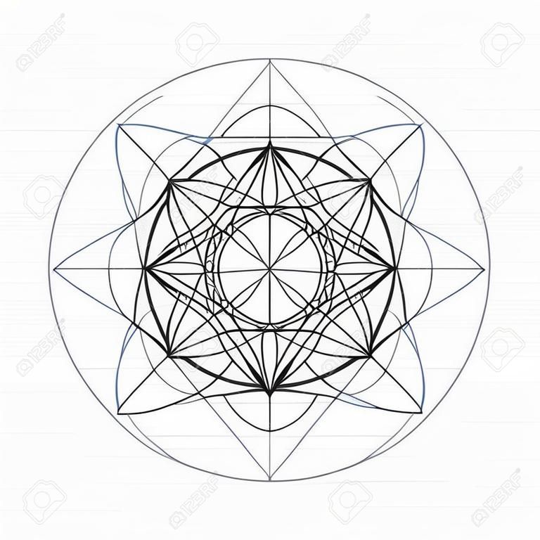 vector metatron dark contour monochrome sacred geometry decoration seed of life circle isolated white background