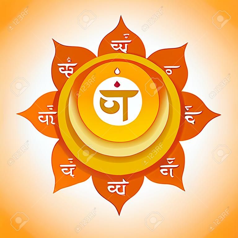 Vector second Svadhishthana sacral chakra with hinduism sanskrit seed mantra Vam and syllables on lotus petals. Flat style orange volumetric symbol with colored background design for meditation, yoga and energy spiritual practices.
