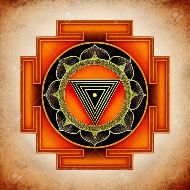Conception colorée de vecteur aspect Maha Kali Yantra Dasa Mahavidya géométrie sacrée illustration mandala divin pétales de lotus bhupura fond orange isolé
