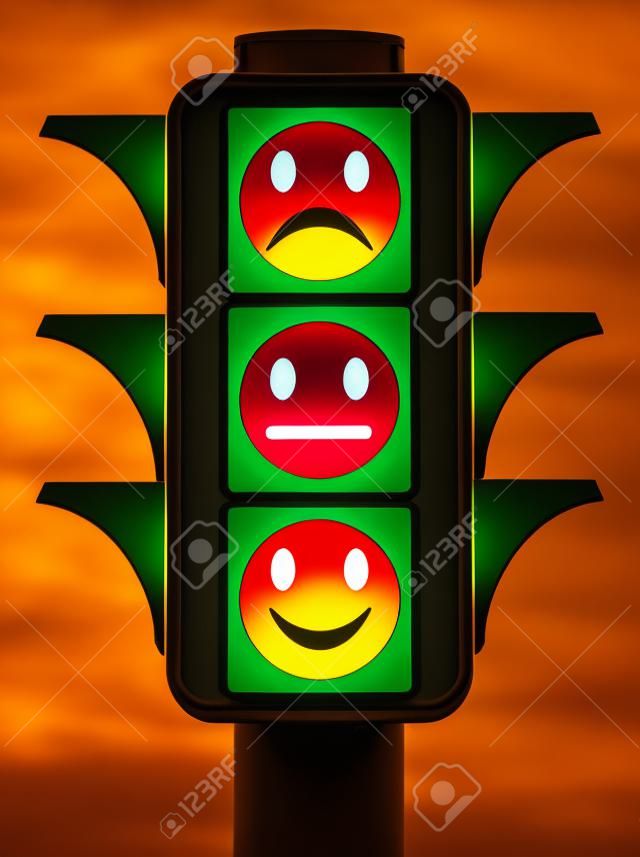 Üç ruh hali ile trafik ışıkları kırmızı yeşil ve kehribar üzerinde yüzleri