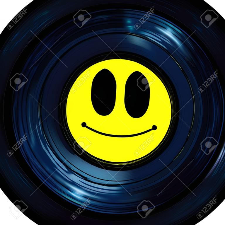 Happy smily Emoji emoticon ghost face on a 45 Seven Inch Vinyl record with yellow label over a white background