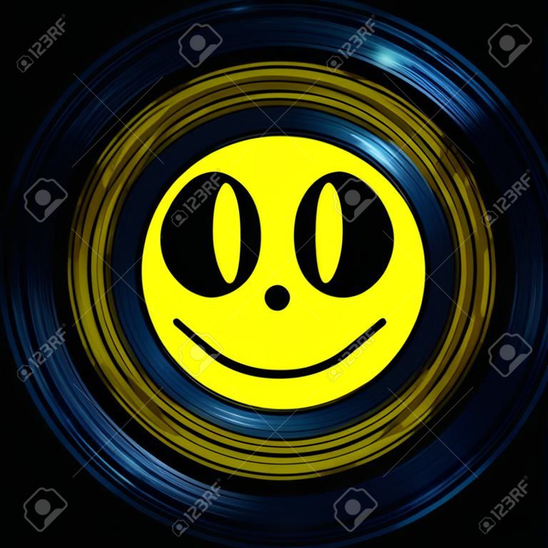 Happy smily Emoji emoticon ghost face on a 45 Seven Inch Vinyl record with yellow label over a white background