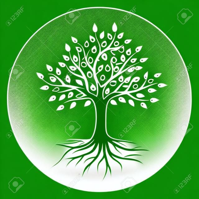 円の中に根と葉を持つ木のシルエット。緑の背景に白色。ベクターイラストロゴ。