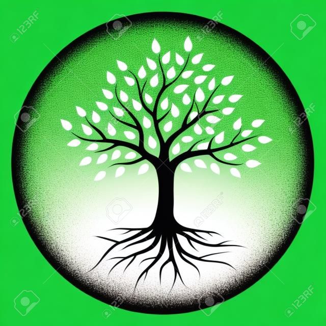 Siluetta di un albero con radici e foglie in cerchio. Colore bianco su sfondo verde. Marchio dell'illustrazione di vettore.