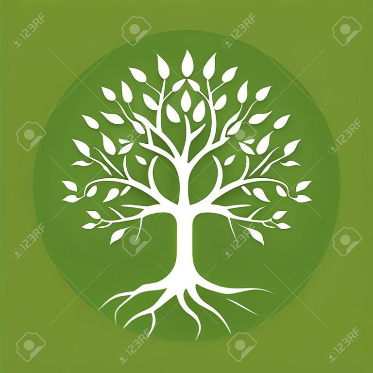 Silueta de un árbol con raíces y hojas en círculo. Color blanco sobre fondo verde. Logotipo de ilustración vectorial.