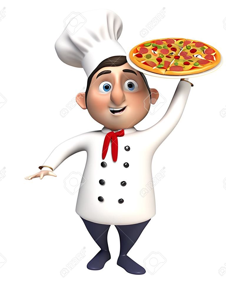 Cocinero de la historieta 3d con la pizza