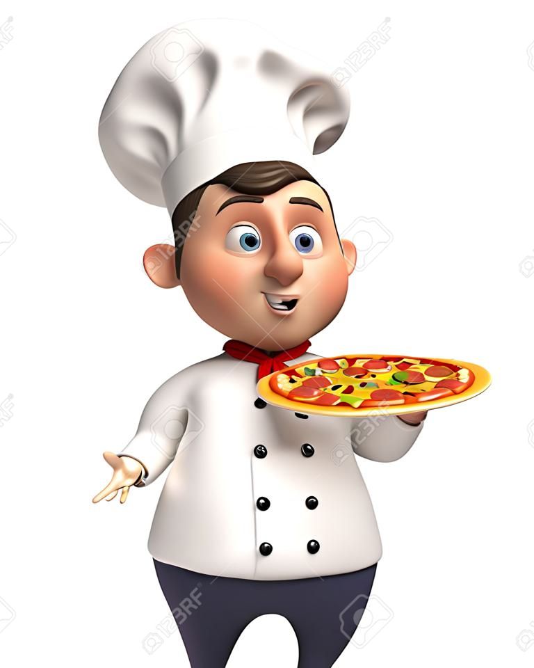 Cocinero de la historieta 3d con la pizza