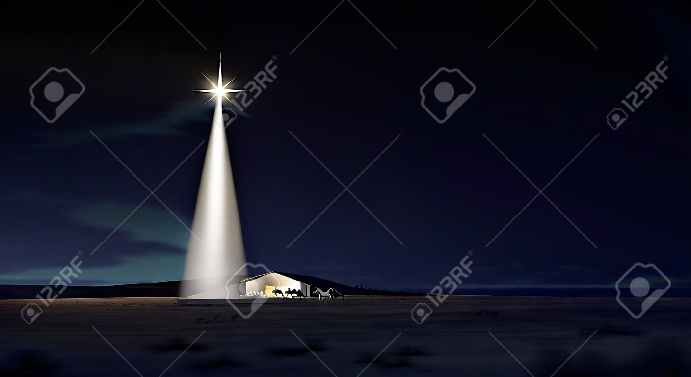 A nativity scene of christs birth in bethlehem with the isolated run down stable being lit by a bright star on a dark blue sky background