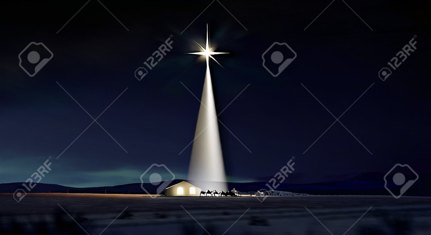 Szopka z Chrystusami urodzenia w Betlejem z izolowanym zaniedbany stabilne są oświetlone przez jasne gwiazdy na ciemnym tle niebieskiego nieba