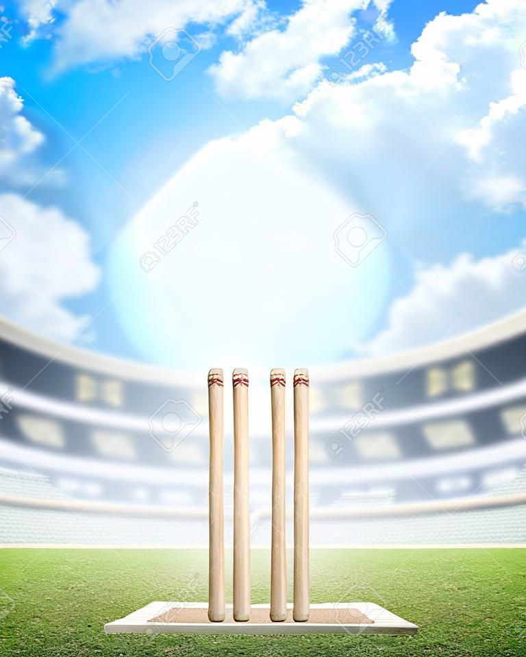 Ein Cricket-Stadion mit Cricket-Platz und bis Wickets in der Tageszeit unter einem blauen Himmel